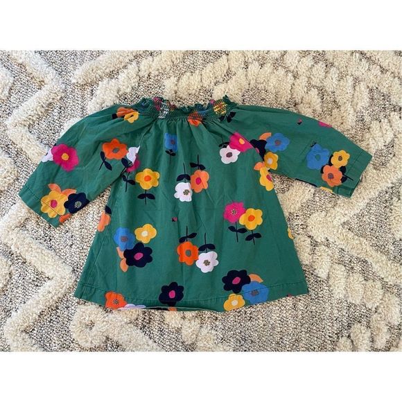 Hanna Andersson Top Smock Neck 3/4 Sleeve Floral Ladybug Green Girls Kids Size 4 - Picture 6 of 9